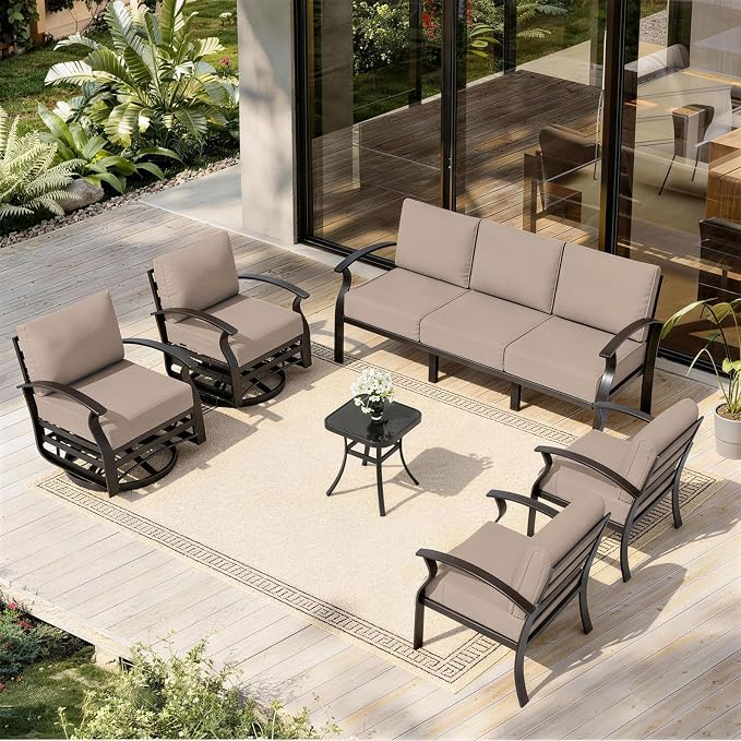 ALAULM Aluminum Patio Furniture Set with 2 Swivel Chairs 7-seat Metal Outdoor Furniture Patio Sectional Sofas Patio Conversation Set w/5.1" Cushions for Patio, Backyard, Poolside-Sand