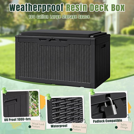 Greesum 100 Gallon Resin Deck Box Large Outdoor Storage with Cushions for Patio Furniture, Garden Tools, Pool Supplies, Weatherproof and UV Resistant, Lockable, Black