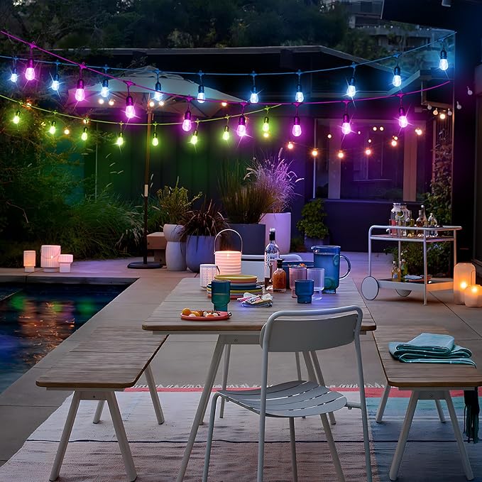 Larkvue 50FT RGB Solar Outdoor String Lights with Remote, Dimmable Waterproof Patio Lights with 15 LED Shatterproof Edison Bulbs for Backyard-Black