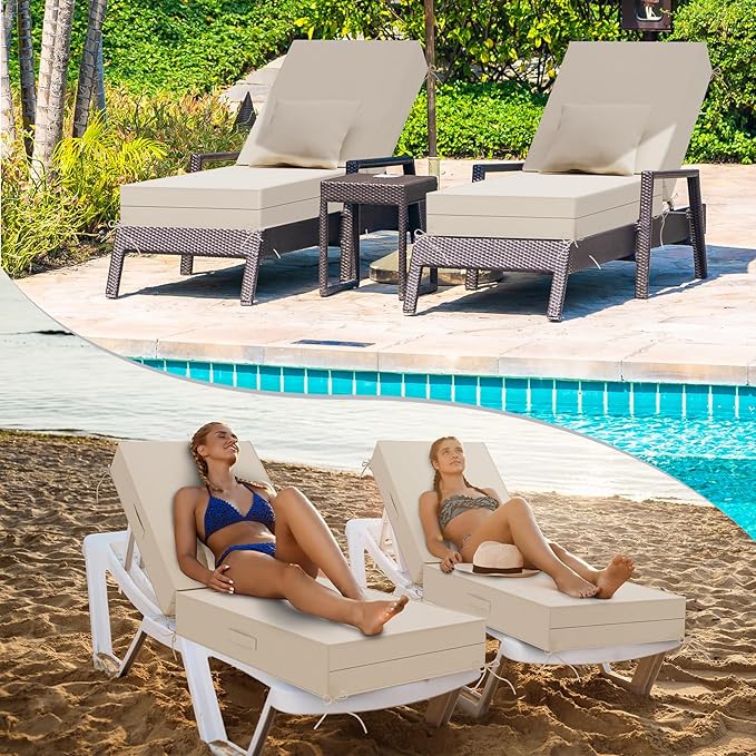 Outdoor Water-Resistant Olefin Chaise Lounge Cushions with Pillow, Weather and Fade Resistant Patio Furniture Lounge Chair Cushion Ideal for Patio, Lawn, Gray Apricot, 80" L x 26" W x 5" T