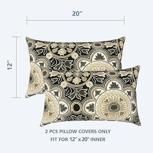 LVTXIII Outdoor/Indoor Lumbar Pillow Covers, Patio Decorative Lumbar Pillow Covers, All Weather Cushion Cases for Sofa, Patio Couch Decoration 12x20, 2 Pack, Vintage Medallion