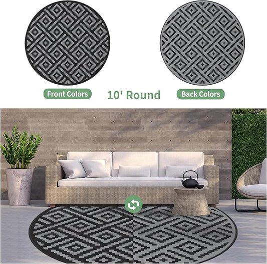 GENIMO Outdoor Rug, Waterproof Plastic Rugs for Patio, 10' Round Black Grey | Outside Larger Modern Carpet Mat for Deck Decor, Porch, Balcony, Backyard, Camping, Picnic, Beach, RV, Reversible, Foldable