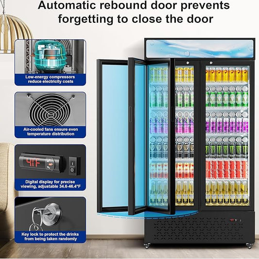 Beverage Cooler Commercial Refrigerator 30.3 Cu.Ft. Glass Door Display Refrigerator with LED Light, 10 Shelves, Display Commercial Beverage Refrigeratorfor Restaurant Cafe Bar Store (30.3 Cu.Ft.)