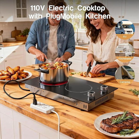 2 Burner Electric Cooktop 110V Karienvir, Plug in Electric Stove Top Burner 2000W, Cooktop Knob Controls, 12 Inch Countertop & Built-In Portable Kitchen Cooktop, 9 Power Levels, Residual Heat Warnings