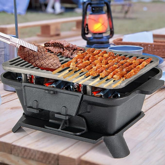 HAPPYGRILL Cast Iron Charcoal Grill, Portable Hibachi Grill w/Air Regulating Door & Fire Gate, Grate Lifter, Double-sided Japanese Stove for Outdoor Camping Backyard Barbecue Party