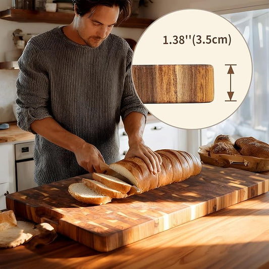 Utoplike Large Acacia Cutting Board 22 x 16 inch, End Grain Largest Wooden Butcher Block for Turkey, Meat, Vegetables, BBQ, Chopping Board with Handle and Single-side Juice Groove, 1.38"Th
