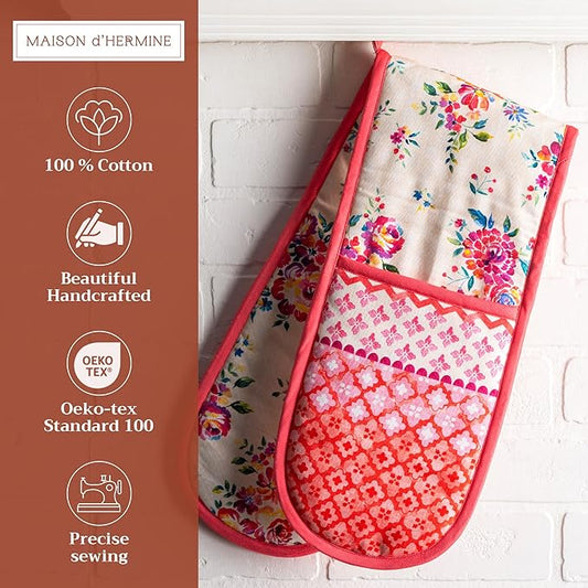 Maison d' Hermine Double Oven Mitts 100% Cotton 7"x35" Double Oven Mitt Heat Resistant BBQ Cooking Gloves with Loop Baking Grilling Kitchen Hotel Home Farmhouse Spring Summer (Rose Garden)