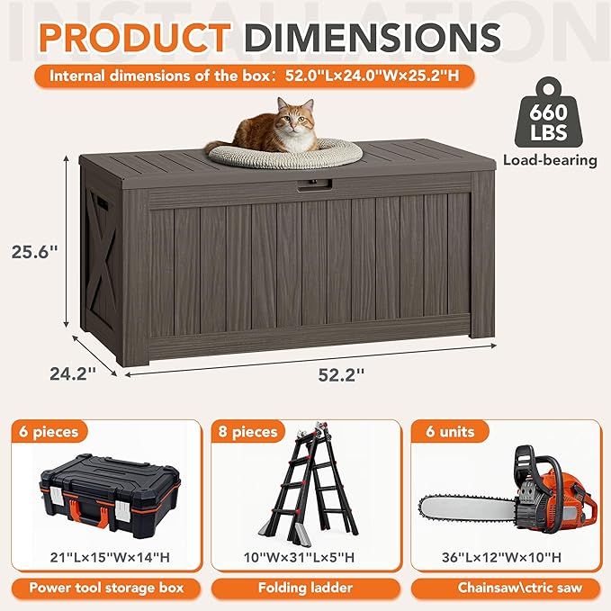 130 Gallon Deck Box Outdoor Indoor Waterproof Storage Box for Patio Furniture, Pool Accessories, Garden Tools, and Cushion Storage, Brown