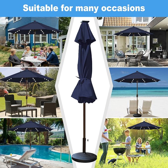Eurmax USA 10-Year-Non-Fading 10FT Outdoor Patio Market Umbrella with LED Lights,UPF50+ UV Resistant,Heavy Duty Commercial Grade,Crank Lift Design,Windproof Vented Top for Garden,Pool,Deck,Navy Blue
