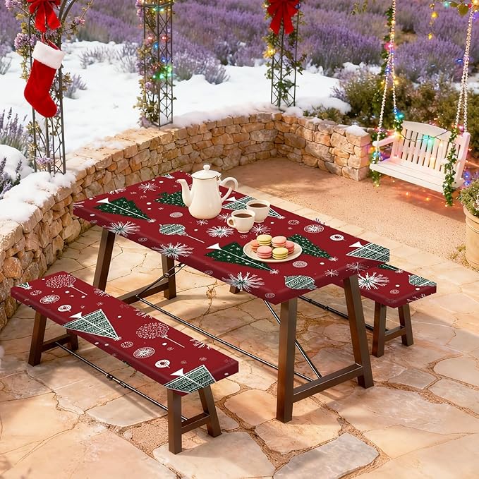 Christmas Picnic Table Cover with Bench Covers Set, Elastic Fitted Tablecloth for Outdoor Wooden Tables, Red Holiday Pattern with Christmas Trees and Snowflakes, Durable and Easy to Clean