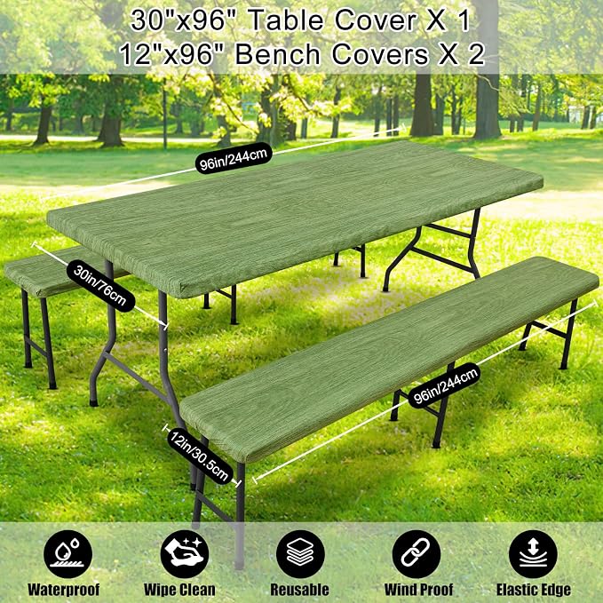 Smiry Picnic Table Cover with Bench Covers, Waterproof Elastic Fitted Tablecloth for 8 Foot Tables, Washable Polyester Tablecloths for Camping, Indoor & Outdoor (Green & Black, 30x96 Inch 3-pc Set)