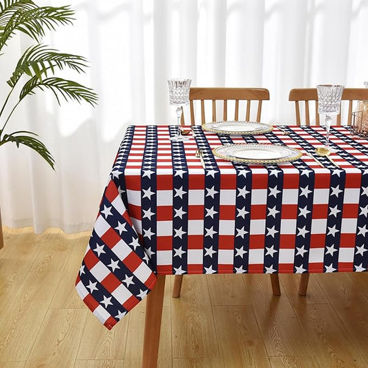 Waterproof Patriotic Tablecloth Fabric - Oblong 52x70 Inch Independence Day Buffalo Tartan Table Cloth for Indoor/Outdoor Use - Washable Tabletop Cover for Dinner, BBQs, and Parties