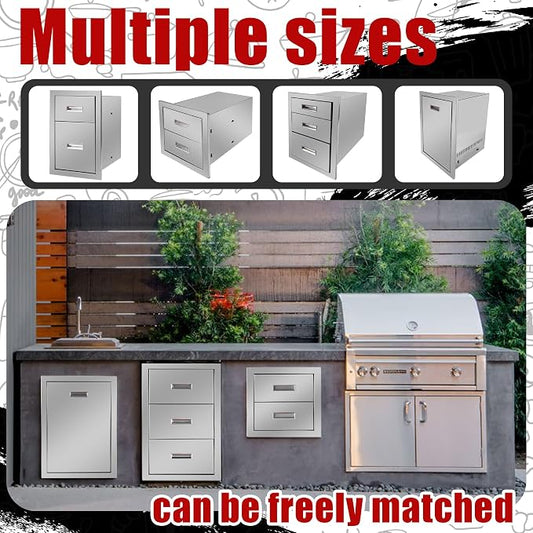 Outdoor Kitchen Double Layer Drawer 14'' W x 14.4'' H x 23'' D Flush Mount BBQ Access Drawers Stainless Steel BBQ Island Drawers with Handle Suitable for Outdoor Kitchen Island Grill Station