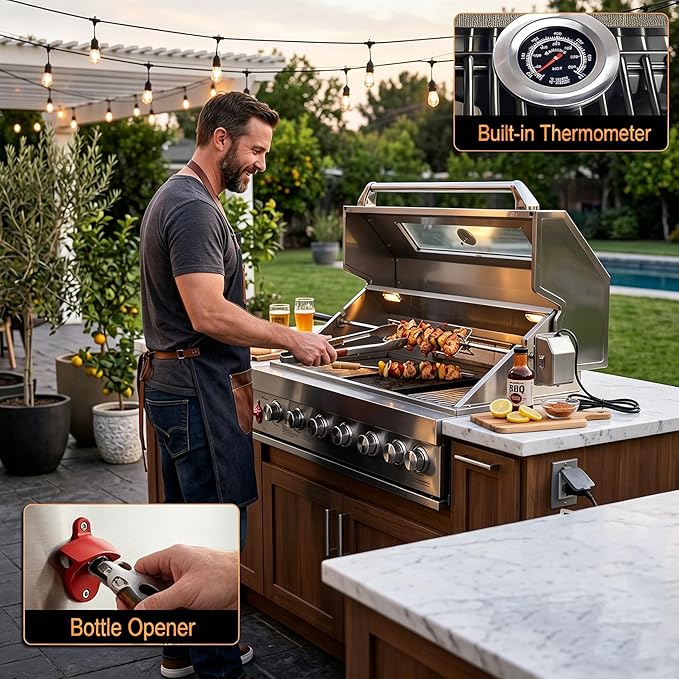 Built In 6 Burner Propane Gas Grill, 304 Stainless Steel 39in Gas Grill, 72,000 BTU with 684sq.in. Cooking Space, Rear Burner with Tri-fuel Compatibility