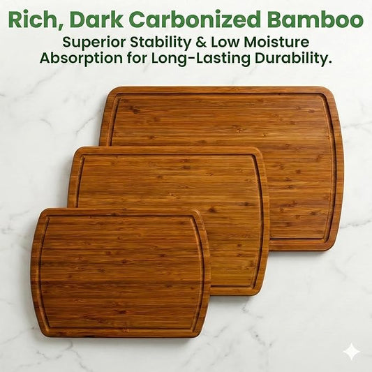 Greener Chef Luxury Bamboo Cutting Board 3-Piece Set with Carbonized Vertical Grain Strength Technology - Extra Large Wooden Cutting Boards for Kitchen with Deep Juice Grooves - Lifetime Replacements