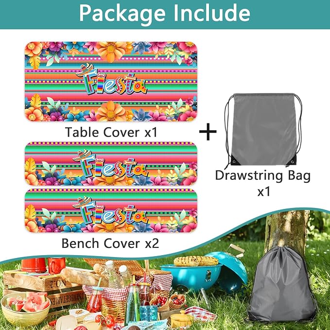 Mexican Fiesta Picnic Table Cover with Bench Covers, Cinco de Mayo Fiesta Waterproof Windproof, Camping Essentials, Fitted Tablecloth Cover with Elastic Edge, for Garden & Outdoor, 3 PCS, 30x96 Inch