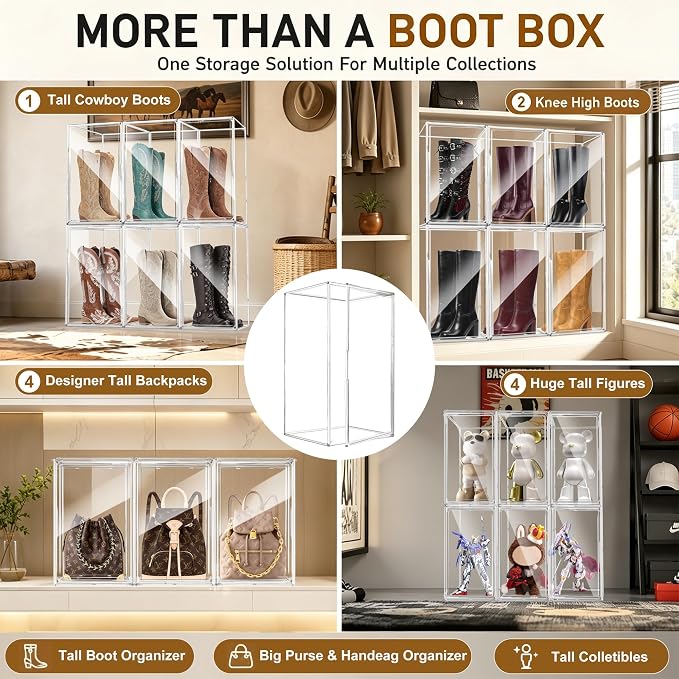 Boot Organizer for Extra Tall Boots, 23.6'' Stackable Acrylic Display Case | Clear magnetic door.Keep tall boots upright.Ideal for knee-high and riding boots,fashion boots,huge figures,tall collectible