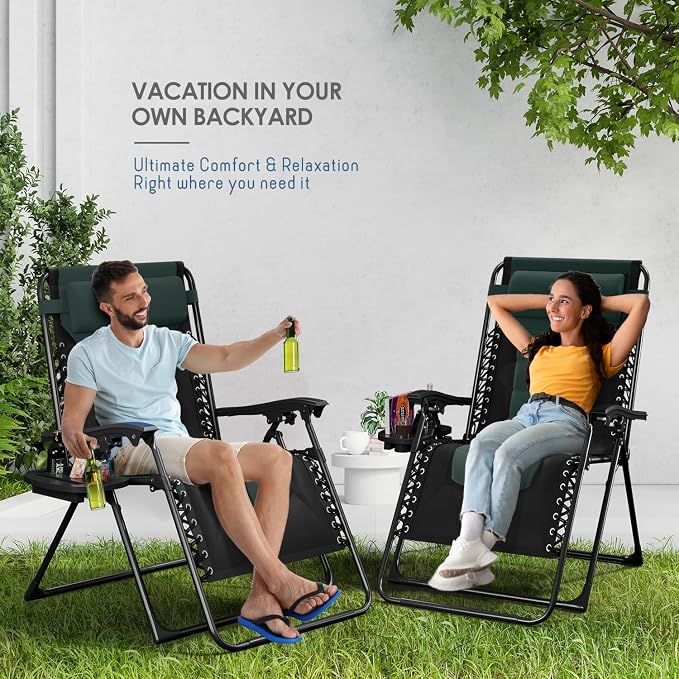 Nestl Padded Oversized Zero Gravity Chair, XL Folding Outdoor Lounge Chair | Adjustable Headrest, Cup Holder & Side Tray, Support 330 LBS, Reclining & Foldable, For Patio & Camping, Black/Forest Green