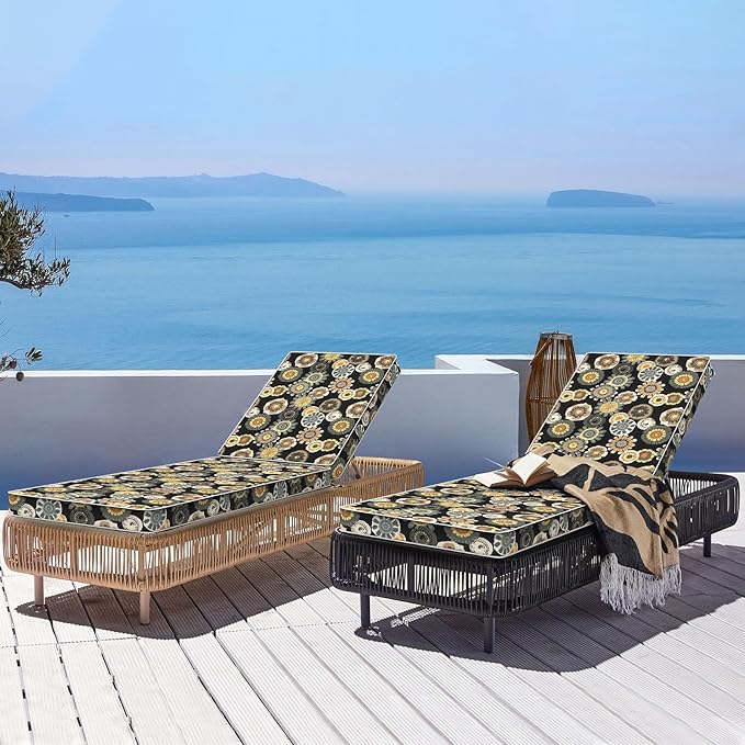 LVTXIII Outdoor Chaise Lounge Cushion 72x21x3 Inch, Water-Repellent Patio Seat Cushion with Ties & Hidden Zipper, Thick Foam Pad for Lawn Chair, Poolside, Patio Furniture, Black Yellow Crosby
