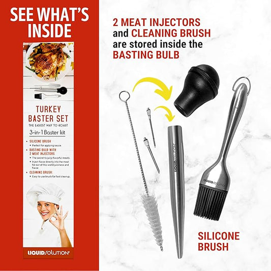 Liquid Solution Turkey Baster 5 Piece Set โ Includes Baster for Cooking, Barbecue Basting Brush, 2 Flavor Injector with Cleaning Brush โ Great Gift Idea for Thanksgiving