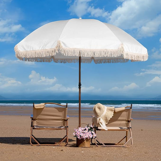7.5Ft Patio Beach Umbrella with Fringe & Tassel, UPF50+ Push Button Tilt & Crank, Ideal for Garden, Lawn, Deck, Yard & Pool