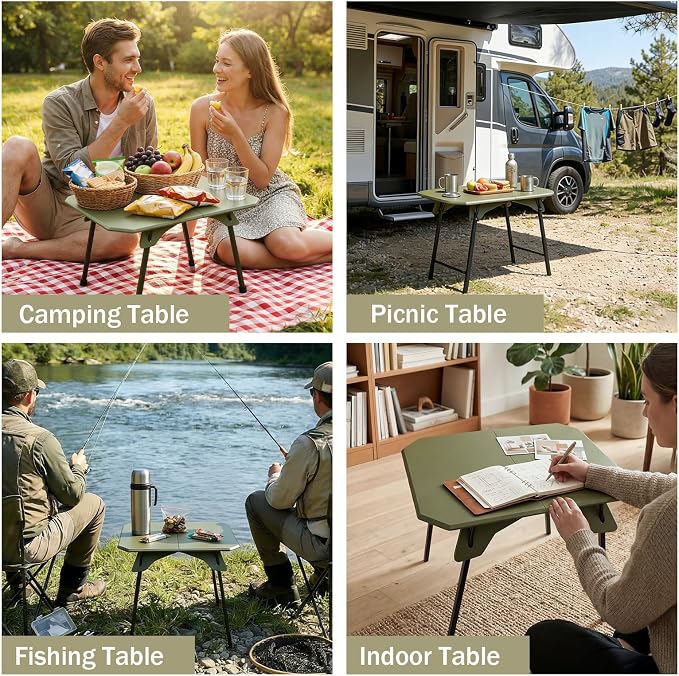Folding Camping Table, 2-in-1 Adjustable Height Portable Outdoor Aluminum Camp Desk with Carrying Bag, Lightweight Foldable Table for Picnic, Beach, BBQ, Hiking, Fishing, Travel (Green)