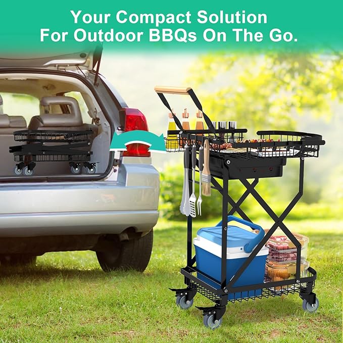 NADAMOO Foldable Charcoal Grill Cart with Rolling Wheels & Storage, Instant Fold Portable BBQ Trolley for Outdoor Barbecue, Travel, Camping, Picnics, Party, Backyard