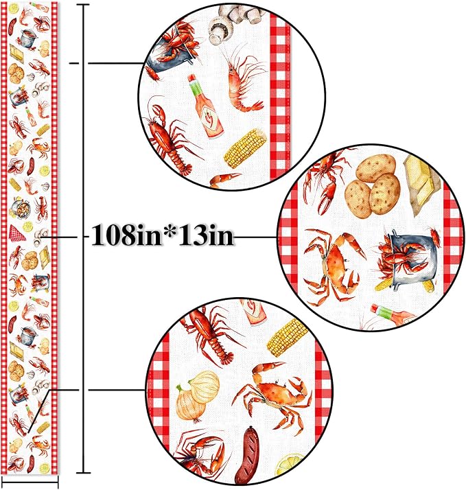 Crawfish Boil Table Runner Buffalo Check Lobster Crab Seafood Boil Themed Birthday Party Decoration Dining Room Home Kitchen Decor (13" x 108")