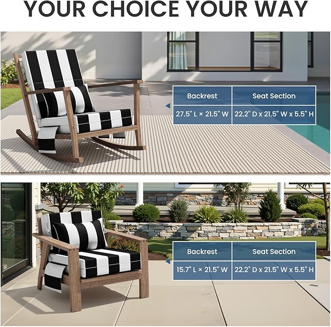 Crestlive Products Foldable Outdoor Chaise Lounge Cushions with Head Pillow and Side Pockets, Water Resistant & Fade Resistant Lounge Chair Cushion, 72''L x 21''W, Set of 2, Black Stripe