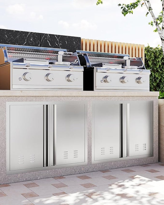 26W x 24H Inch Outdoor Kitchen Doors, 304 Stainless Steel BBQ Access Door with Recessed Handle & Ventsfor for BBQ Island, Grilling Station, Outside Cabinet, Silver