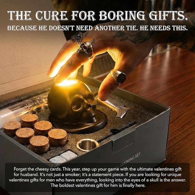 Whiskey Smoker Kit with Torch – Ceramic Skull Old Fashioned, Bourbon & Cocktail Drink Smoker – Unique Valentines Day Gifts for Men, Husband, Boyfriend & Him – Cool Bar Accessories & Gadgets Set