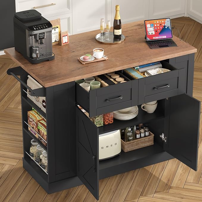 Kitchen Storage Island with 2 Stools, 51” Mobile Kitchen Cart with Drop Leaf & Power Outlet, Rolling Island Table Dining Room Buffet with 2 Drawers & Side Storage Rack &Towel Rack, Black