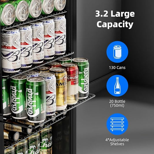 Antarctic Star mini fridge -130 can beverage refrigerator cooler glass door for soda beer or wine, small drink dispenser for home, office bar 3.2cu.ft
