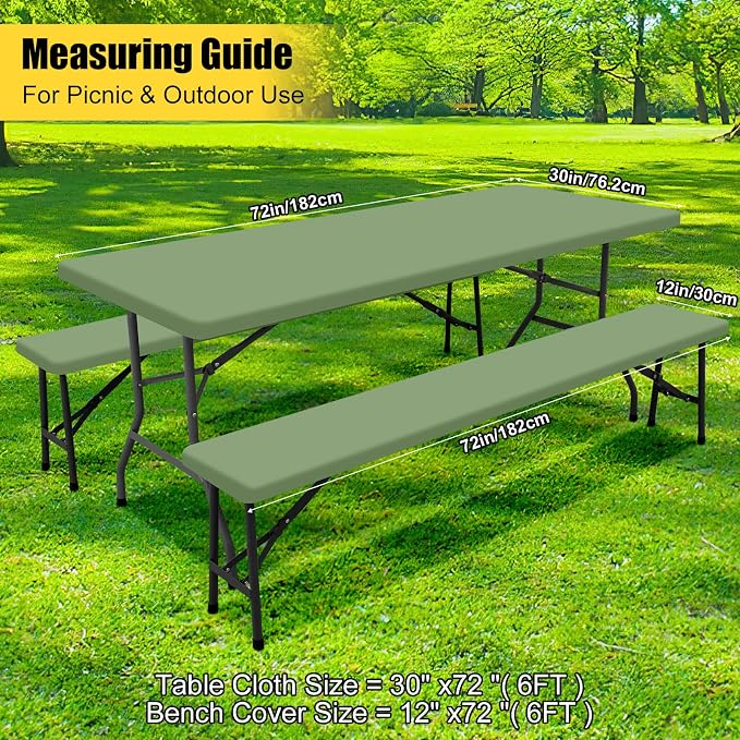 Smiry Picnic Table Cover with Bench Covers, Waterproof Elastic Fitted Polyester Tablecloths for 6 Ft Rectangle Tables, Washable Windproof Tablecloth for Outdoor, Camping (Sage Green, 30x72 Inches)
