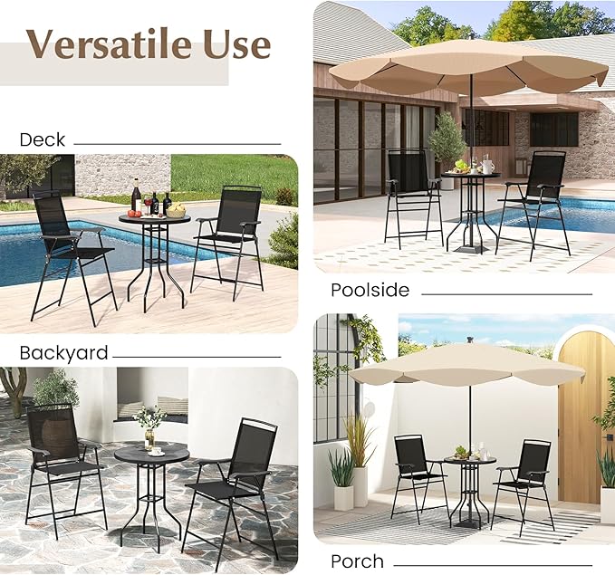 COSTWAY 3 PCS Patio Table and Chairs Set, Bistro Furniture with DPC Tabletop, Umbrella Hole, Outdoor Bar Set with Round Table and 2 Folding Counter Height Chairs for Poolside, Deck, Porch, Black