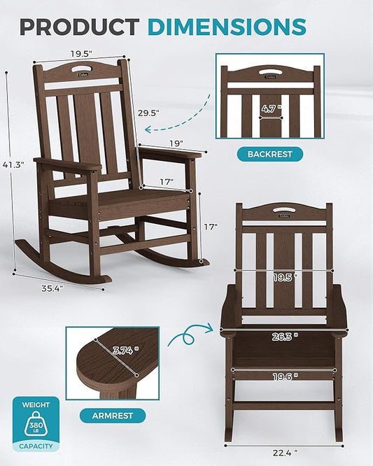 Ciokea Oversized Outdoor Rocking Chair, 380lbs Heavy-Duty Large Patio Rocker, Weather Resistant & Anti-Fade Porch Chair, High Back Cozy Rocking Chair for Outside, Fire Pit, Deck, Garden, Brown