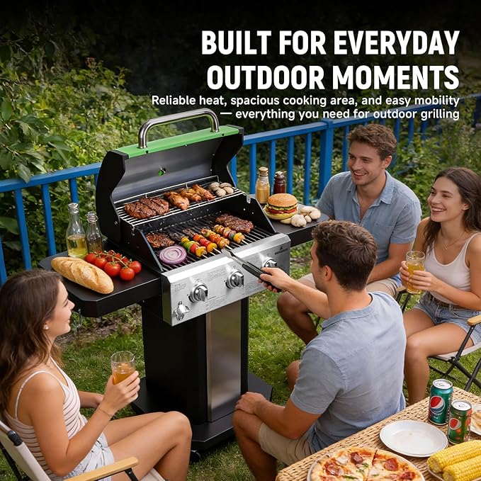 Redlife 3 Burner Propane Gas Grill, 30,000 BTU Outdoor BBQ Grill with Cast Iron Cooking Grates, Stainless Steel Warming Rack, Built-in Thermometer, Side Shelves, Removable Grease Tray, Green