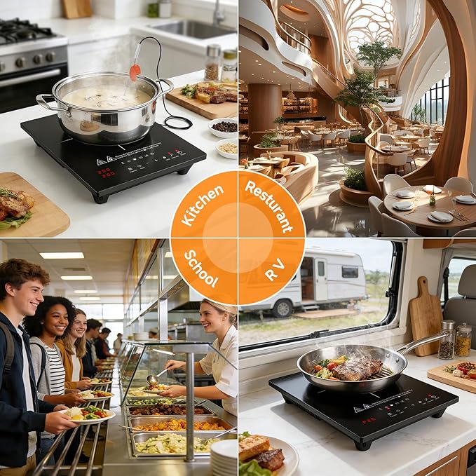 AMZCHEF Portable-Induction-Cooktop: 74 Temperature Levels Induction Burner with Digital Probe, 1800W Countertop Burner with 20 Power Levels, 6.5" Heating Coil, Low Noise Electric Cooktops with Timer