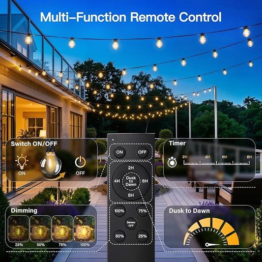 50FT Outdoor String Lights with Remote, 25 + 2 Spare G40 LED Bulbs Plug in Connectable Dimmable Patio Lights, Waterproof Hanging Lights for Outside Backyard Balcony Yard Deck Party