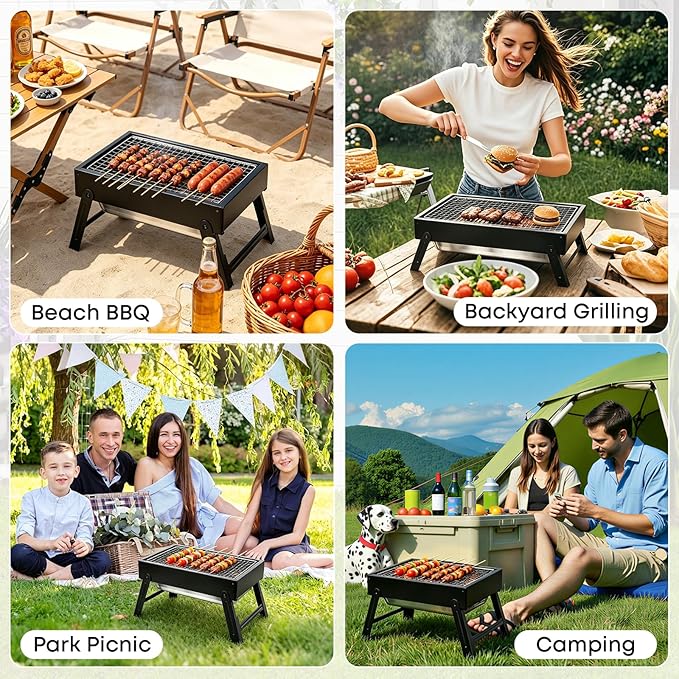 Portable Folding Charcoal Grills, 13.7“x8.7"7.5" Small Camping Campfire Grill, Barbecue Grill for Outdoor Travel Backyard Picnic Beach, with 8-Piece BBQ Accessories