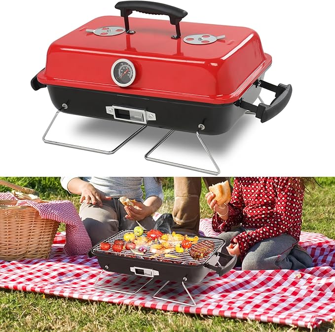 Small Charcoal Grill Portable Barbecue Grills with Thermometer, Compact Iron BBQ Grill for Garden Party Picnic Hiking Travel Backyard Cooking, Easy to Assemble, Asadores de Carbon, Black and Red