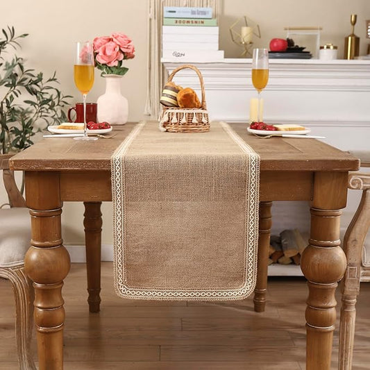 Khaki Table Runner 13 x 120 inch Long Natural Jute Braided Table Runner with Beige Lacework for Spring Summer Parties BBQ's Everyday Holidays Rustic Vintage Dining Farmhouse Table Runner