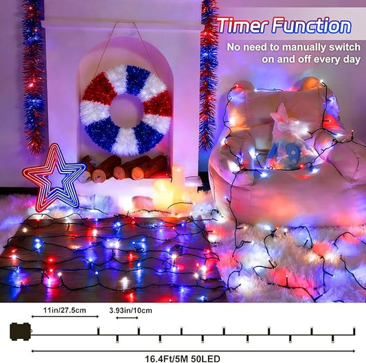 Red White and Blue Lights String for 4th of July Decorations Outdoor Total 100LED 33Ft Battery Operated with Timer 8 Modes Waterproof 50LED*2 for Memorial Day Decorations Patriotic Decor 2-Pack