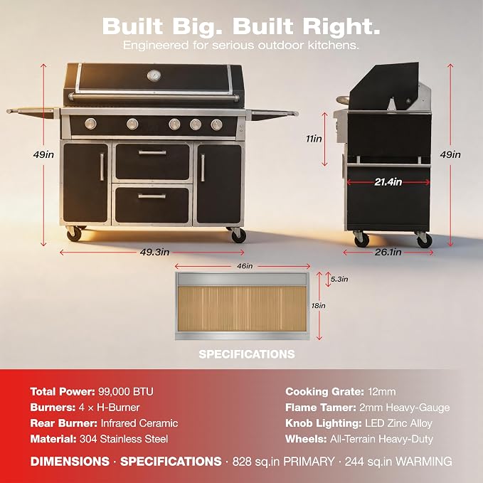 Black 49" Stainless Steel Natural Gas Grill, 4 Burners & Infrared Burner | 304 Stainless Steel 99,000 BTU Infrared Burner Professional Outdoor Cooking Warming rack Storage drawers Gliding wheels