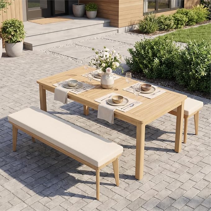 FansaFurn 3-Piece Acacia Patio Table and Chairs Set for All-Weather | Outside Furniture with Table Umbrella Hole and Removable Cushion, Backyard Furniture with Outdoor Bench for Lawn Garden