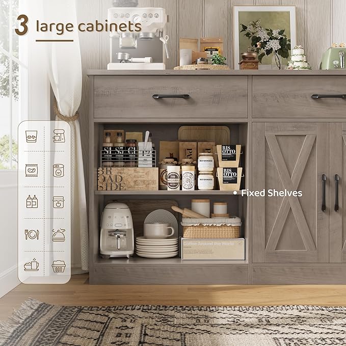 HOSTACK 71" Large Sideboard Buffet Cabinet with Storage, Farmhouse Coffee Bar Cabinet with 3 Drawers, Long Kitchen Buffet Table, Kitchen Sideboard Storage Cabinet for Dining Room, Living Room, Grey