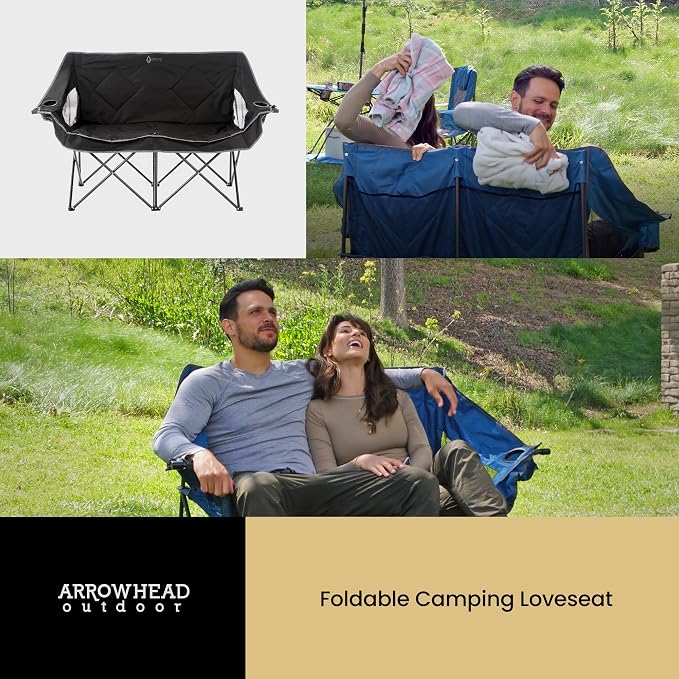 ARROWHEAD OUTDOOR Portable Folding Double Duo Camping Chair Loveseat | 2 Cup and Wine Glass Holder, Carrying Bag, Supports up to 650lbs, Beach, Tailgating, Fishing, Patio, Hunting, Backyard