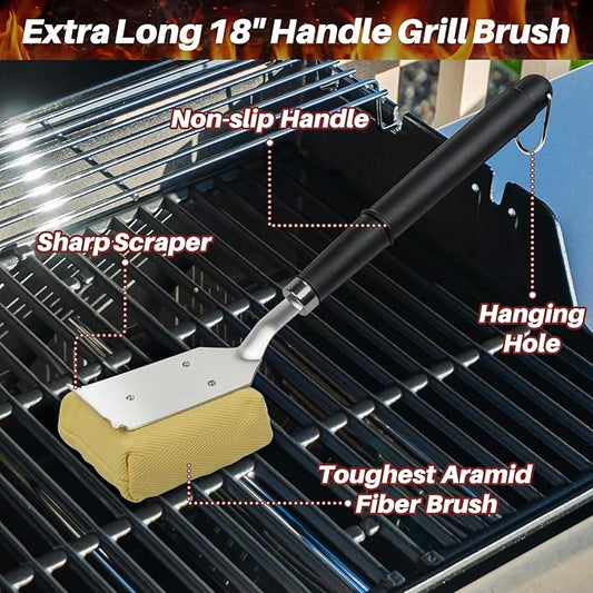 TNTOR Grill Brush Bristle Free with Scraper, 2 Removable BBQ Clearning Brush Head and 18" Handle BBQ Grill Brush for Outdoor Grill, Grill Tools for Grill/Smoker/Gas/Charcoal, Grill Gifts for Dads