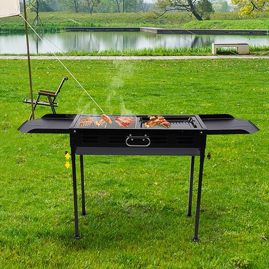 Large Charcoal BBQ Grills, Portable Charcoal Grill Adjustable Height, Outdoor Barbecue Grill with Dual-Zone Individual & Adjustable Charcoal Tray, Black
