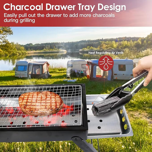 KOCASO Foldable Charcoal BBQ Grill with Stainless Steel Grill Net, Easy Setup Portable Tabletop Barbecue Grill for Camping, Picnic, Outdoor Party, Backyard, Hiking, Traveling